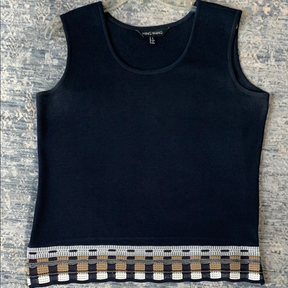 Ming Wang Dark Navy, Tan and White Geometric Cardigan Sweater - Picture 6 of 7